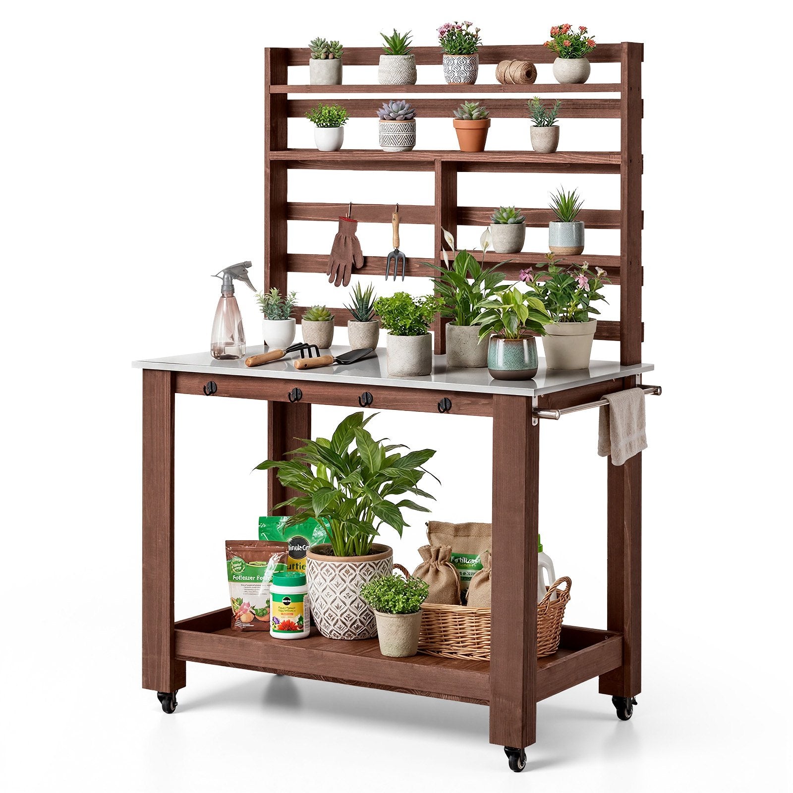 VEVOR dārza darba galds stādu pārstādīšanai ar 115 × 66 cm nerūsējošā tērauda virsmu, uzglabāšanas plauktiem, 4 riteņiem un āķiem, āra dārzkopības darba stacija terasei un pagalmam, brūns