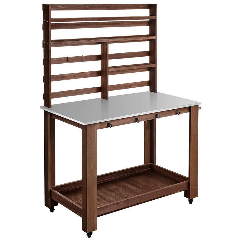 VEVOR dārza darba galds stādu pārstādīšanai ar 115 × 66 cm nerūsējošā tērauda virsmu, uzglabāšanas plauktiem, 4 riteņiem un āķiem, āra dārzkopības darba stacija terasei un pagalmam, brūns