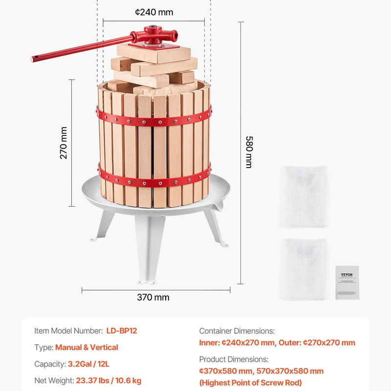 Ручной пресс для фруктового вина 12 литров, деревянная корзина, для производства вина