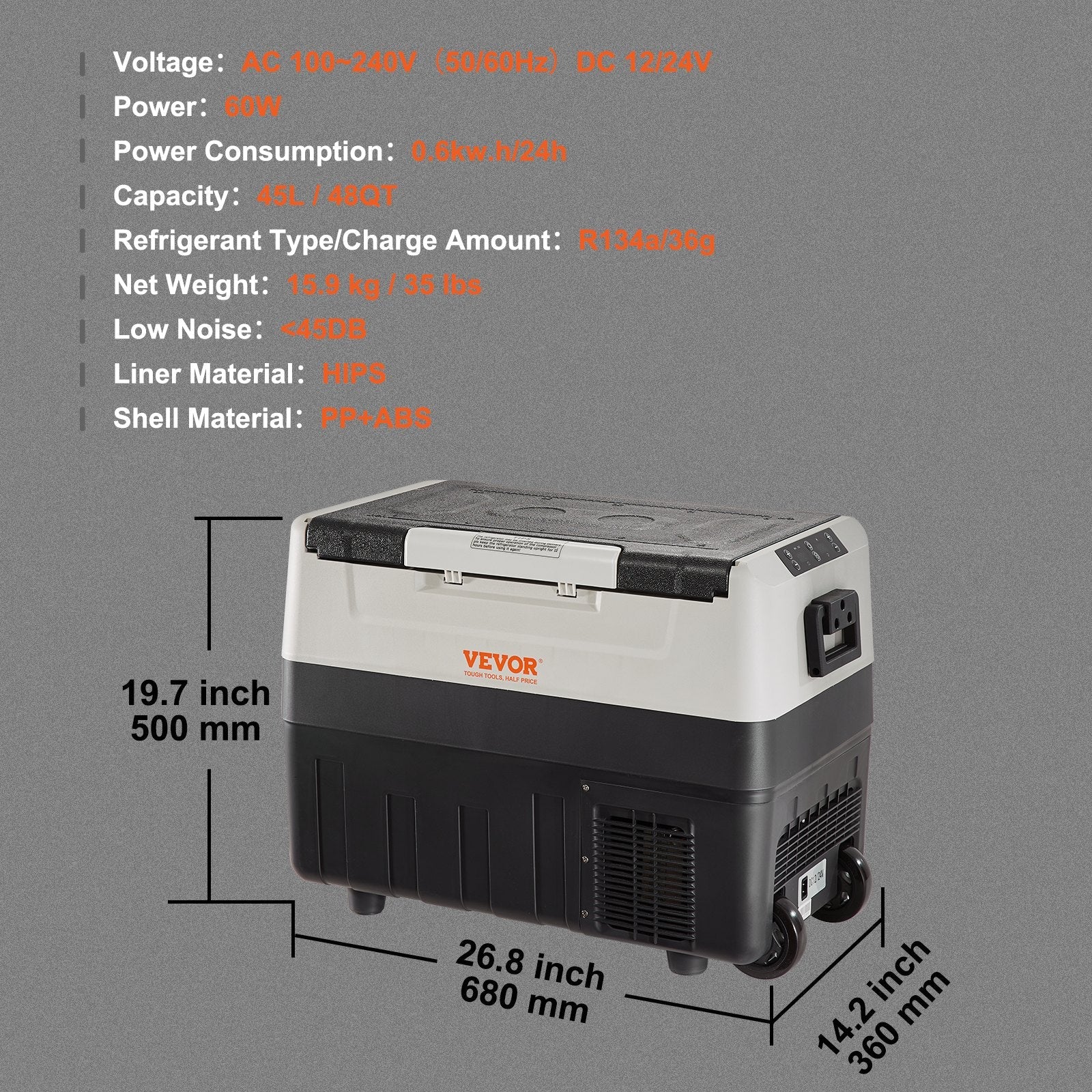 45L VEVOR automašīnas ledusskapis/saldētava, ideāls risinājums automašīnām, kravas automašīnām, treileriem, laivām, kā arī lietošanai mājās vai āra aktivitātēs, piemēram, ceļojumos, makšķerēšanā un kempingā.
