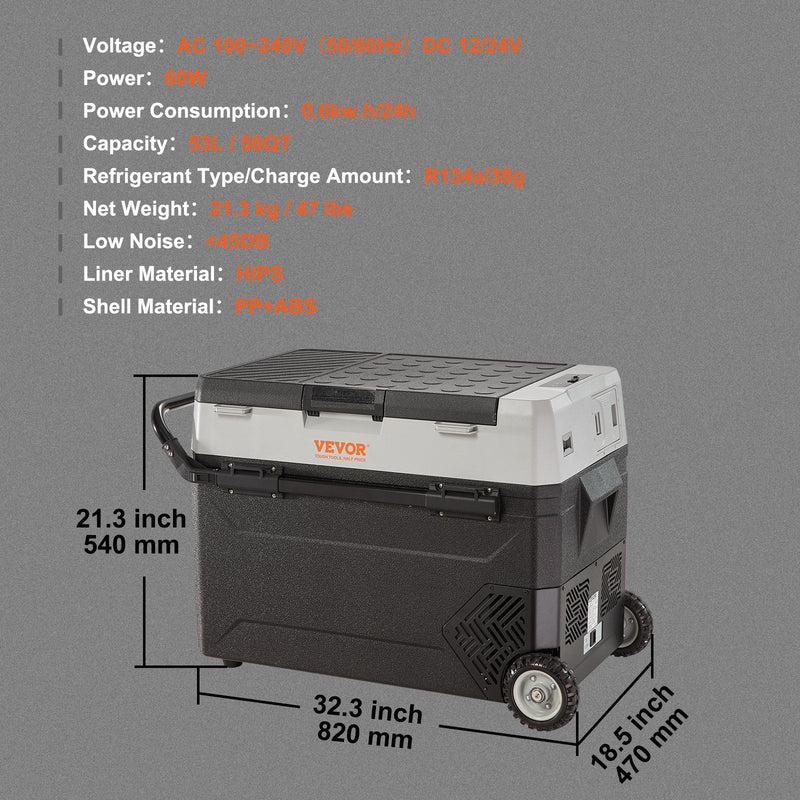 53L VEVOR automašīnas ledusskapis/saldētava, ideāls risinājums automašīnām, kravas automašīnām, treileriem, laivām, kā arī lietošanai mājās vai āra aktivitātēs, piemēram, ceļojumos, makšķerēšanā un kempingā.