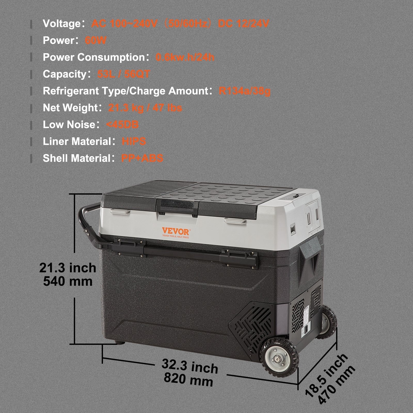 53L VEVOR automašīnas ledusskapis/saldētava, ideāls risinājums automašīnām, kravas automašīnām, treileriem, laivām, kā arī lietošanai mājās vai āra aktivitātēs, piemēram, ceļojumos, makšķerēšanā un kempingā.