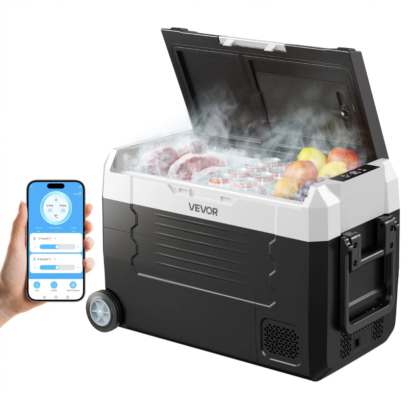 VEVOR auto ledusskapis ar kompresoru 35 l, -20 °C līdz 20 °C, DC 12/24 V un AC 100–240 V, ar lietotnes vadību, riteņiem un divām dzesēšanas zonām, piemērots RV, laivām, kempingam un makšķerēšanai
