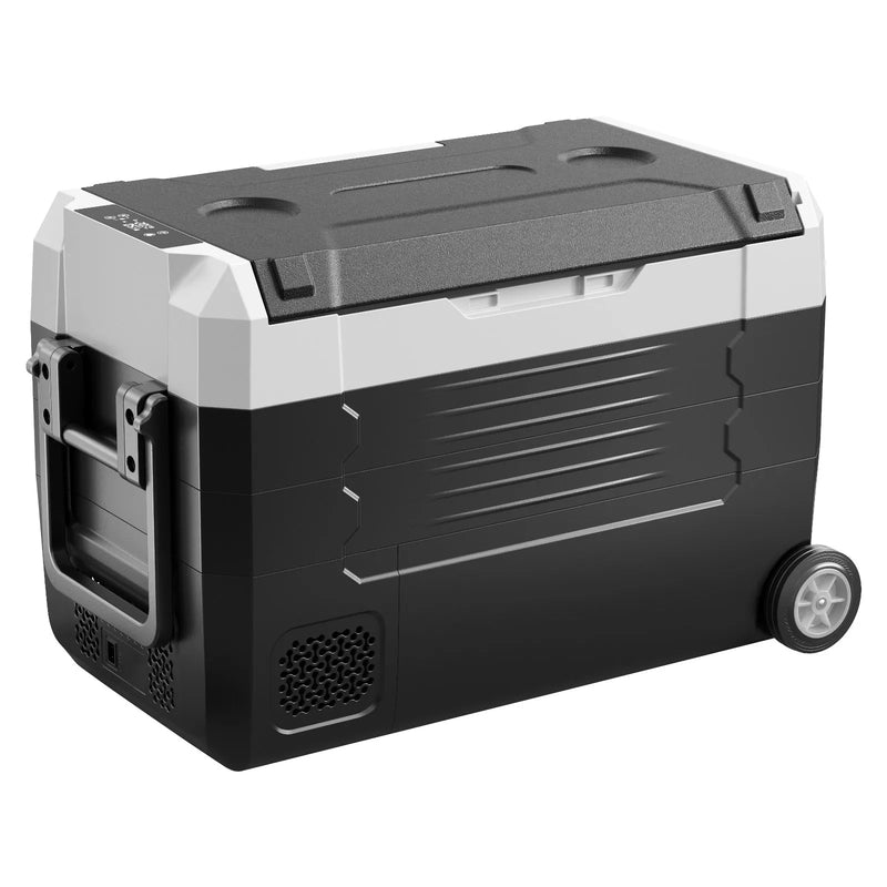 VEVOR auto ledusskapis ar kompresoru 35 l, -20 °C līdz 20 °C, DC 12/24 V un AC 100–240 V, ar lietotnes vadību, riteņiem un divām dzesēšanas zonām, piemērots RV, laivām, kempingam un makšķerēšanai