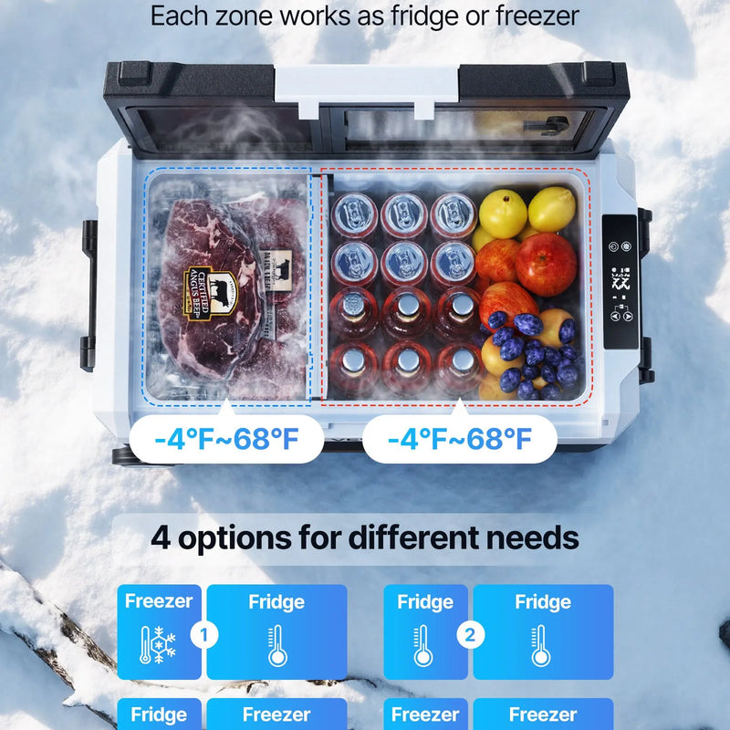 VEVOR auto ledusskapis ar kompresoru 35 l, -20 °C līdz 20 °C, DC 12/24 V un AC 100–240 V, ar lietotnes vadību, riteņiem un divām dzesēšanas zonām, piemērots RV, laivām, kempingam un makšķerēšanai
