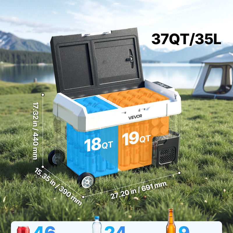 VEVOR auto ledusskapis ar kompresoru 35 l, -20 °C līdz 20 °C, DC 12/24 V un AC 100–240 V, ar lietotnes vadību, riteņiem un divām dzesēšanas zonām, piemērots RV, laivām, kempingam un makšķerēšanai