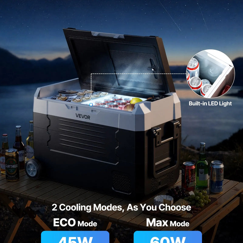 VEVOR auto ledusskapis ar kompresoru 35 l, -20 °C līdz 20 °C, DC 12/24 V un AC 100–240 V, ar lietotnes vadību, riteņiem un divām dzesēšanas zonām, piemērots RV, laivām, kempingam un makšķerēšanai
