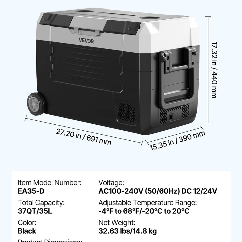 VEVOR auto ledusskapis ar kompresoru 35 l, -20 °C līdz 20 °C, DC 12/24 V un AC 100–240 V, ar lietotnes vadību, riteņiem un divām dzesēšanas zonām, piemērots RV, laivām, kempingam un makšķerēšanai