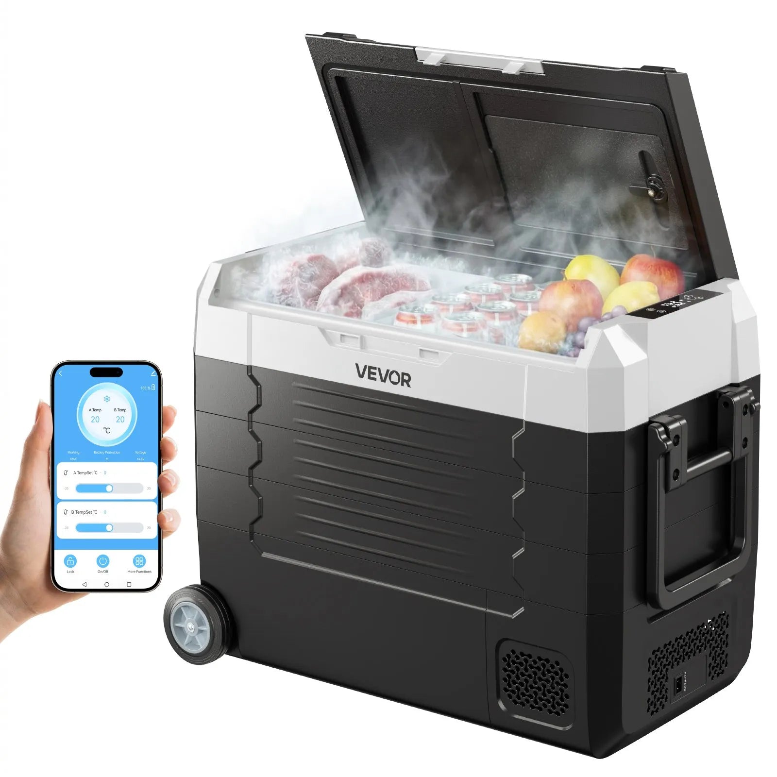 VEVOR auto ledusskapis 45 l ar kompresoru, DC 12/24 V un AC 100–240 V, temperatūra no -20 °C līdz +20 °C, divu zonu dzesētājs ar lietotnes vadību un riteņiem, piemērots auto, RV, laivām, kempingam un makšķerēšanai