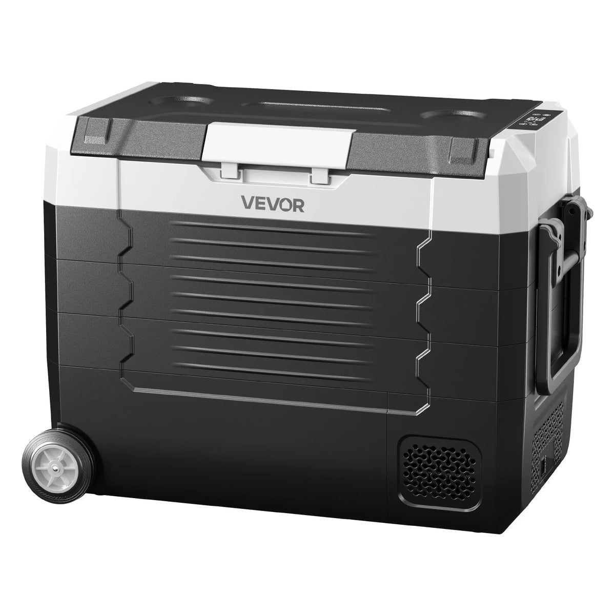 VEVOR auto ledusskapis 45 l ar kompresoru, DC 12/24 V un AC 100–240 V, temperatūra no -20 °C līdz +20 °C, divu zonu dzesētājs ar lietotnes vadību un riteņiem, piemērots auto, RV, laivām, kempingam un makšķerēšanai