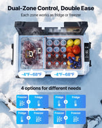 VEVOR auto ledusskapis 45 l ar kompresoru, DC 12/24 V un AC 100–240 V, temperatūra no -20 °C līdz +20 °C, divu zonu dzesētājs ar lietotnes vadību un riteņiem, piemērots auto, RV, laivām, kempingam un makšķerēšanai