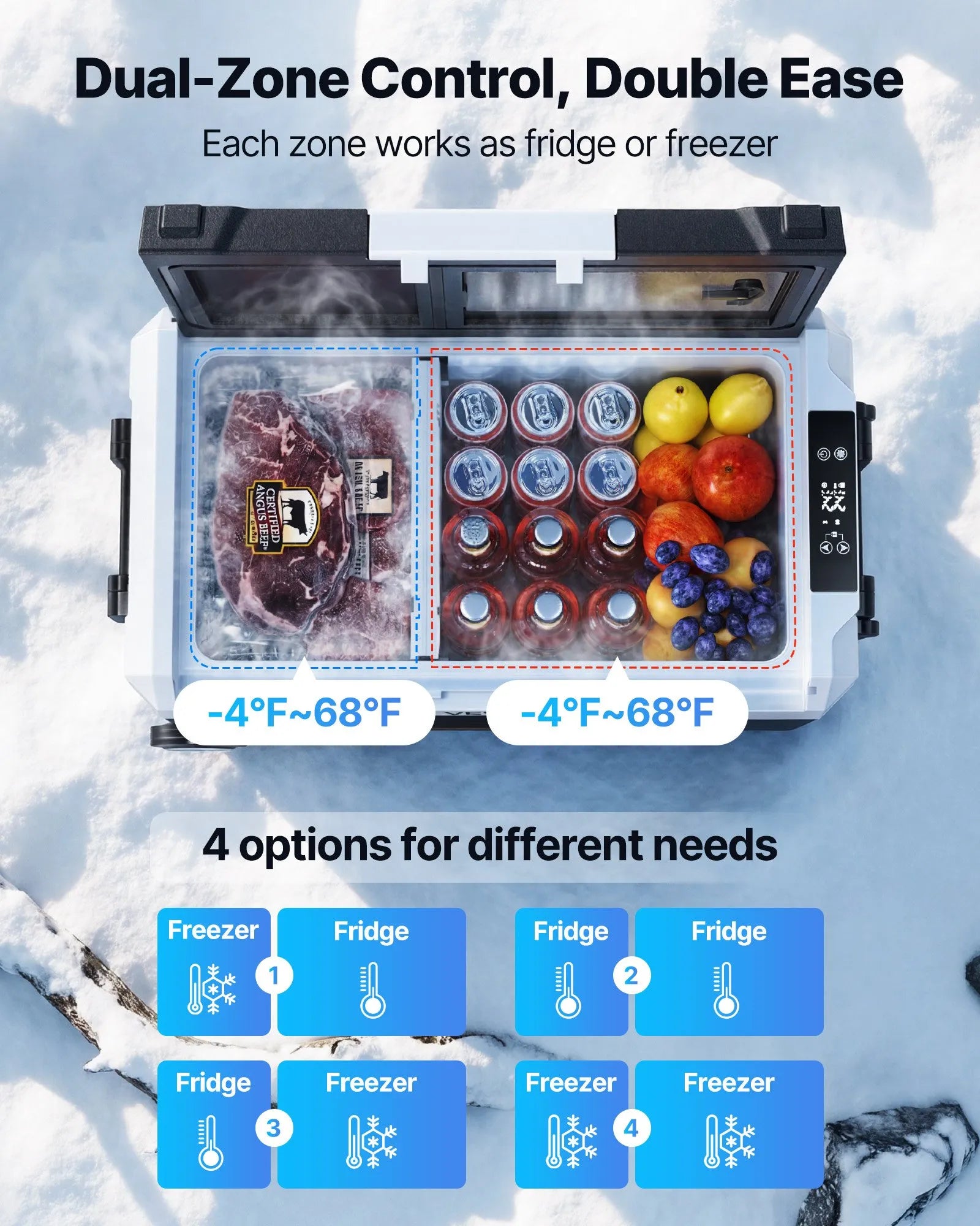VEVOR auto ledusskapis 45 l ar kompresoru, DC 12/24 V un AC 100–240 V, temperatūra no -20 °C līdz +20 °C, divu zonu dzesētājs ar lietotnes vadību un riteņiem, piemērots auto, RV, laivām, kempingam un makšķerēšanai