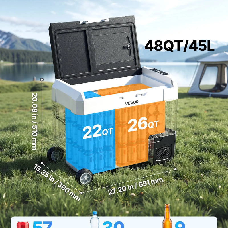 VEVOR auto ledusskapis 45 l ar kompresoru, DC 12/24 V un AC 100–240 V, temperatūra no -20 °C līdz +20 °C, divu zonu dzesētājs ar lietotnes vadību un riteņiem, piemērots auto, RV, laivām, kempingam un makšķerēšanai