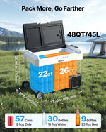 VEVOR auto ledusskapis 45 l ar kompresoru, DC 12/24 V un AC 100–240 V, temperatūra no -20 °C līdz +20 °C, divu zonu dzesētājs ar lietotnes vadību un riteņiem, piemērots auto, RV, laivām, kempingam un makšķerēšanai