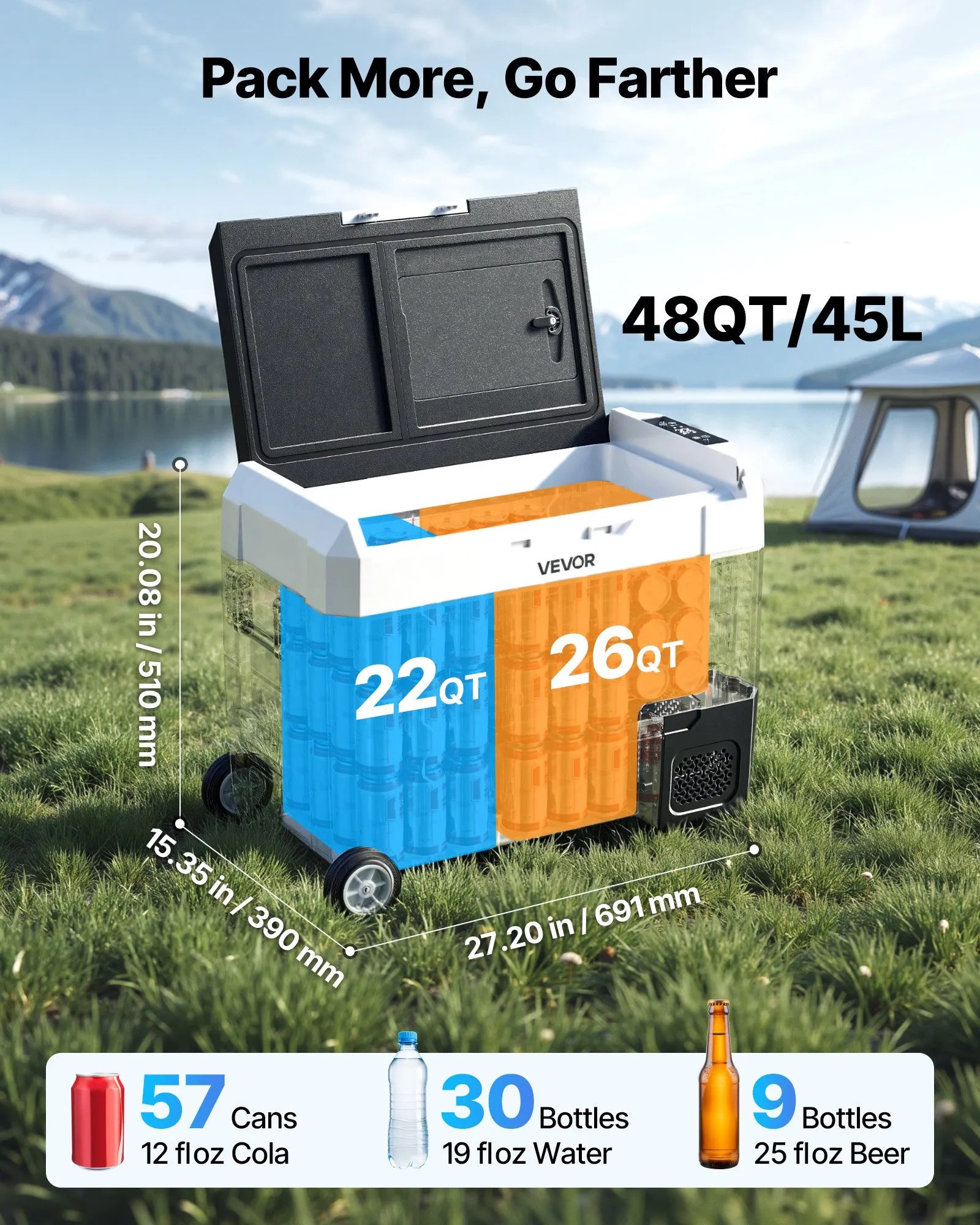 VEVOR auto ledusskapis 45 l ar kompresoru, DC 12/24 V un AC 100–240 V, temperatūra no -20 °C līdz +20 °C, divu zonu dzesētājs ar lietotnes vadību un riteņiem, piemērots auto, RV, laivām, kempingam un makšķerēšanai