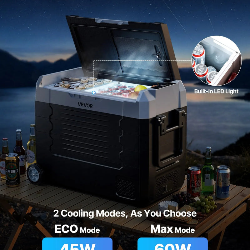 VEVOR auto ledusskapis 45 l ar kompresoru, DC 12/24 V un AC 100–240 V, temperatūra no -20 °C līdz +20 °C, divu zonu dzesētājs ar lietotnes vadību un riteņiem, piemērots auto, RV, laivām, kempingam un makšķerēšanai