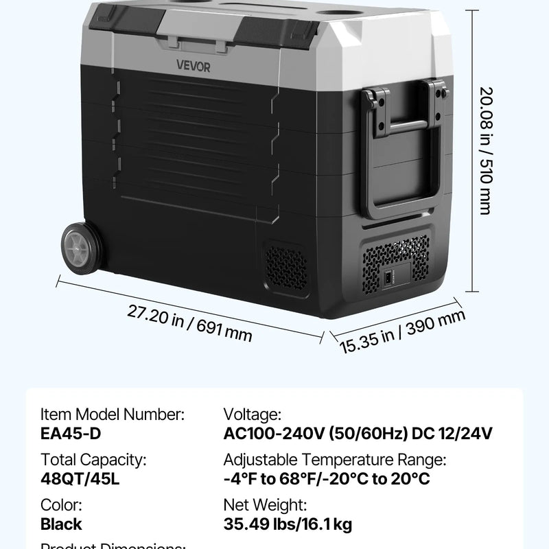 VEVOR auto ledusskapis 45 l ar kompresoru, DC 12/24 V un AC 100–240 V, temperatūra no -20 °C līdz +20 °C, divu zonu dzesētājs ar lietotnes vadību un riteņiem, piemērots auto, RV, laivām, kempingam un makšķerēšanai
