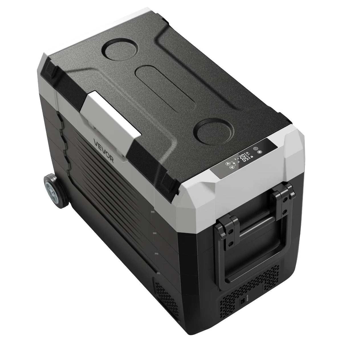VEVOR auto ledusskapis 45 l ar kompresoru, DC 12/24 V un AC 100–240 V, temperatūra no -20 °C līdz +20 °C, divu zonu dzesētājs ar lietotnes vadību un riteņiem, piemērots auto, RV, laivām, kempingam un makšķerēšanai