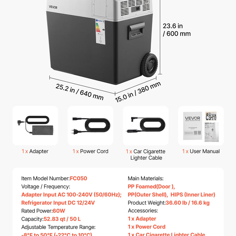 VEVOR 50 l automašīnas kompresora ledusskapis ar rokturi, riteņiem un lietotnes vadību, 12/24 V līdzstrāvai un 100–240 V maiņstrāvai, no -22 līdz 10 °C
