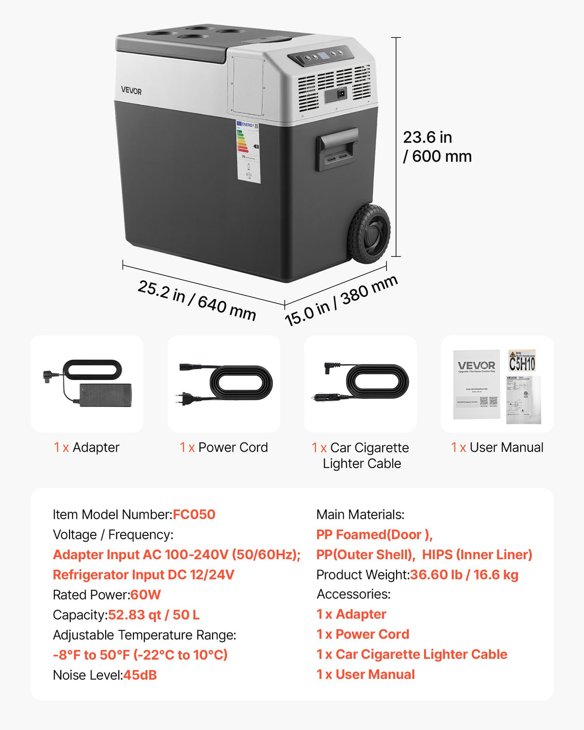 VEVOR 50 l automašīnas kompresora ledusskapis ar rokturi, riteņiem un lietotnes vadību, 12/24 V līdzstrāvai un 100–240 V maiņstrāvai, no -22 līdz 10 °C