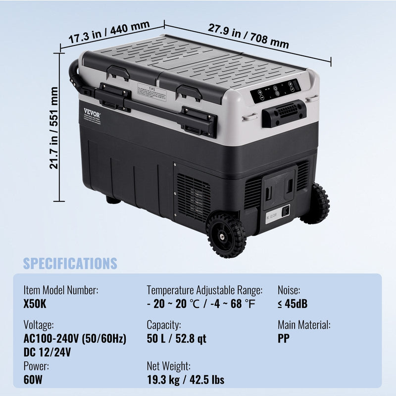 50L VEVOR pārnēsājams auto ledusskapis/saldētavas kompresors, divas zonas