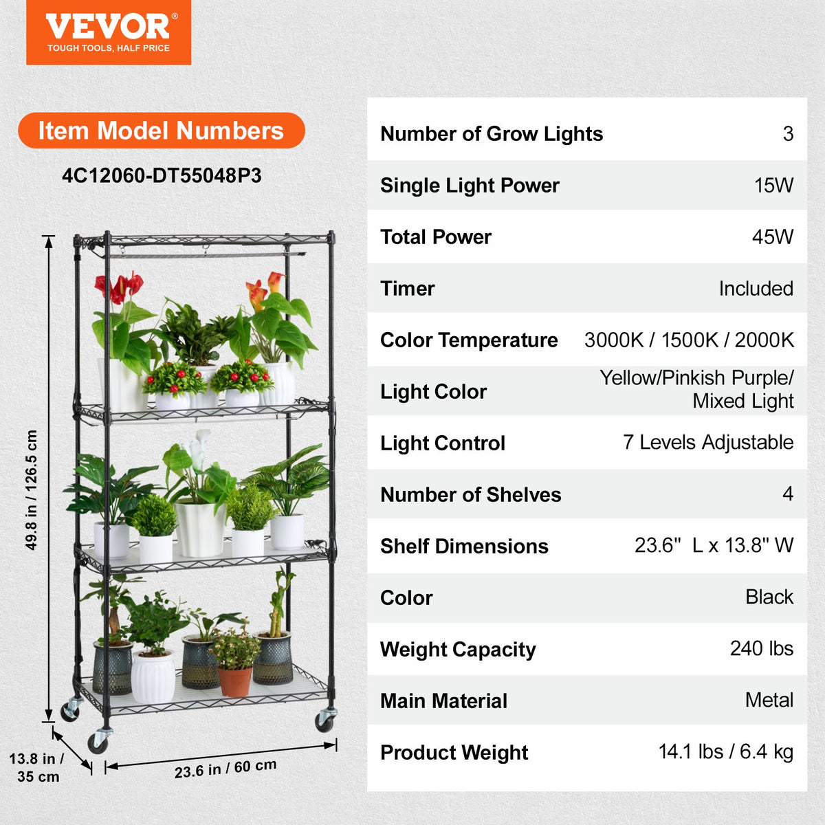 Pieejams 10 dienu laikā! VEVOR stends ar augu audzēšanas lampām - 4 līmeņi, 45W, augstums 126.5 cm