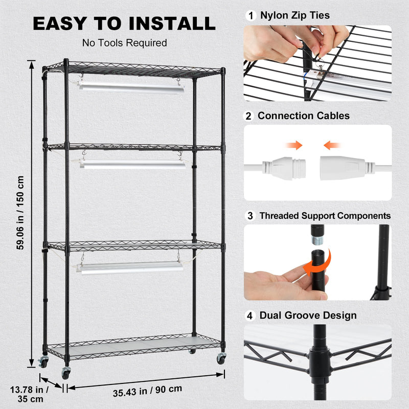 Pieejams 10 dienu laikā! VEVOR augu plaukts ar audzēšanas lampām - 4 līmeņi,  90W,  150 cm