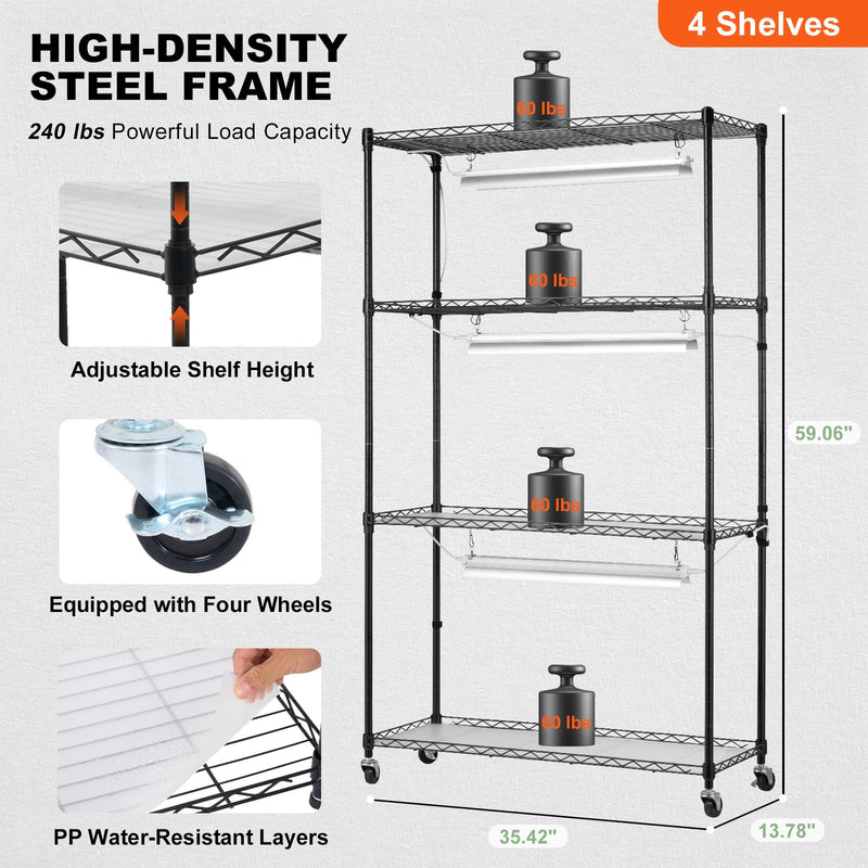 Pieejams 10 dienu laikā! VEVOR augu plaukts ar audzēšanas lampām - 4 līmeņi,  90W,  150 cm