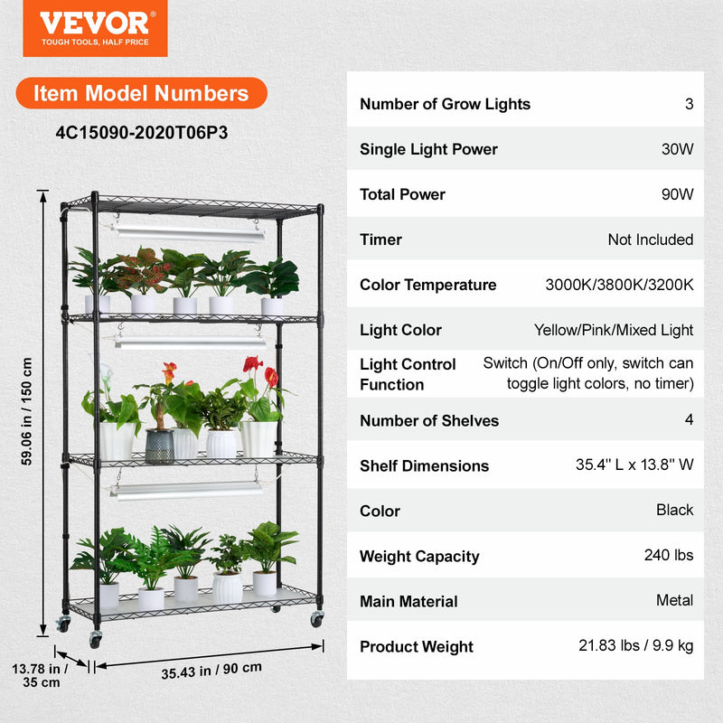 Pieejams 10 dienu laikā! VEVOR augu plaukts ar audzēšanas lampām - 4 līmeņi,  90W,  150 cm