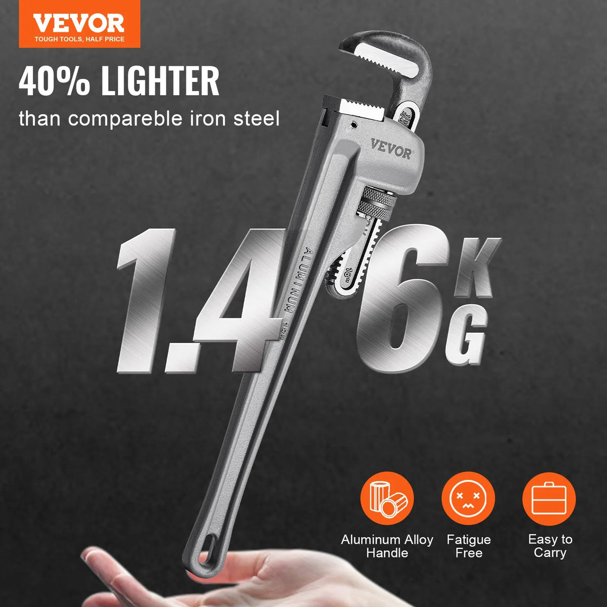 VEVOR Alumīnija taisnā cauruļu atslēga 450 mm, regulējama, CRV žokļi