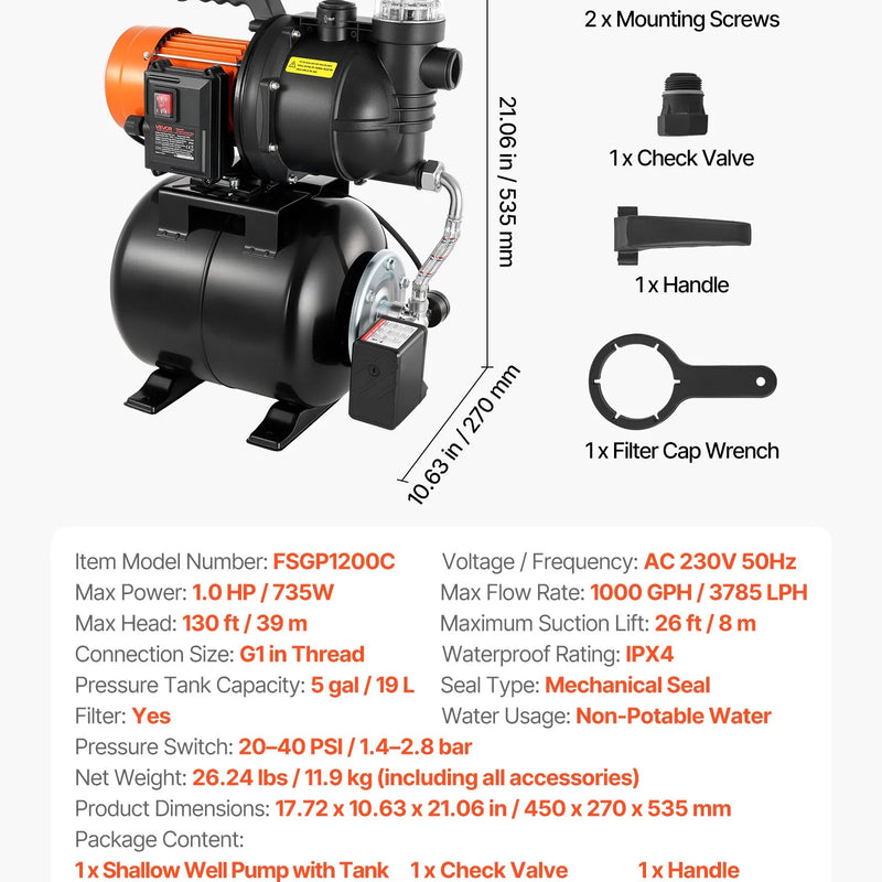VEVOR virszemes ūdens sūknis ar spiedtvertni 735 W, 3785 l/h, ar filtru un pretvārstu, 19 l tvertne, automātiska ūdens spiediena palielināšanas sistēma, spiediena slēdzis 1,4–2,8 bar, piemērots mājas, dārza un zāliena laistīšanai