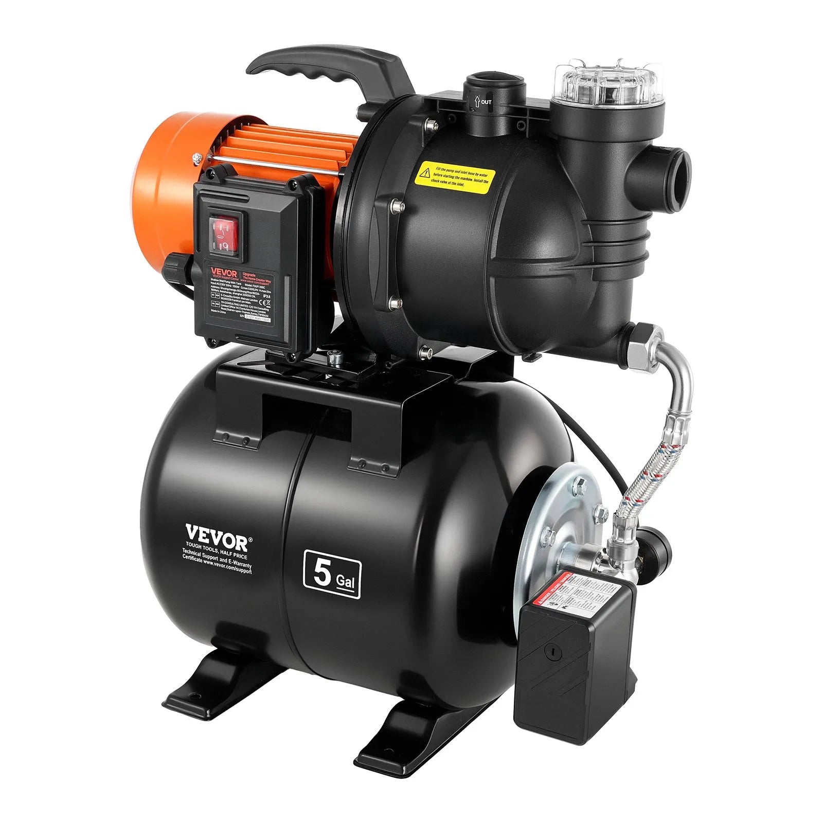 VEVOR virszemes ūdens sūknis ar spiedtvertni 1100 W, 5300 l/h, ar filtru un pretvārstu, 19 l tvertne, automātiska ūdens spiediena palielināšanas sistēma, spiediena slēdzis 1,4–2,8 bar, piemērots mājas, dārza un zāliena laistīšanai