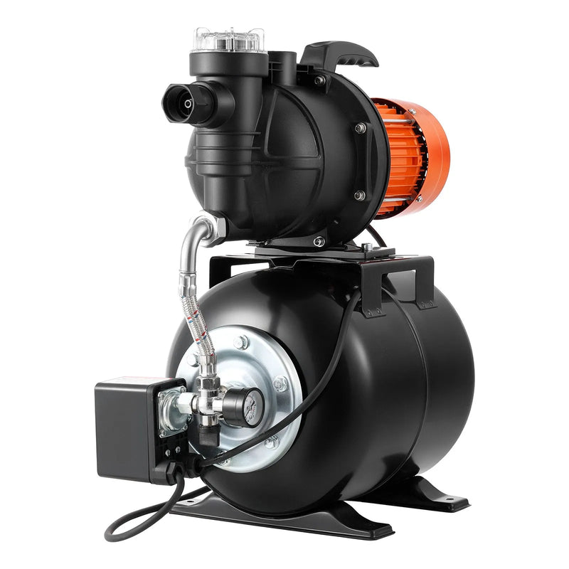 VEVOR virszemes ūdens sūknis ar spiedtvertni 1100 W, 5300 l/h, ar filtru un pretvārstu, 19 l tvertne, automātiska ūdens spiediena palielināšanas sistēma, spiediena slēdzis 1,4–2,8 bar, piemērots mājas, dārza un zāliena laistīšanai