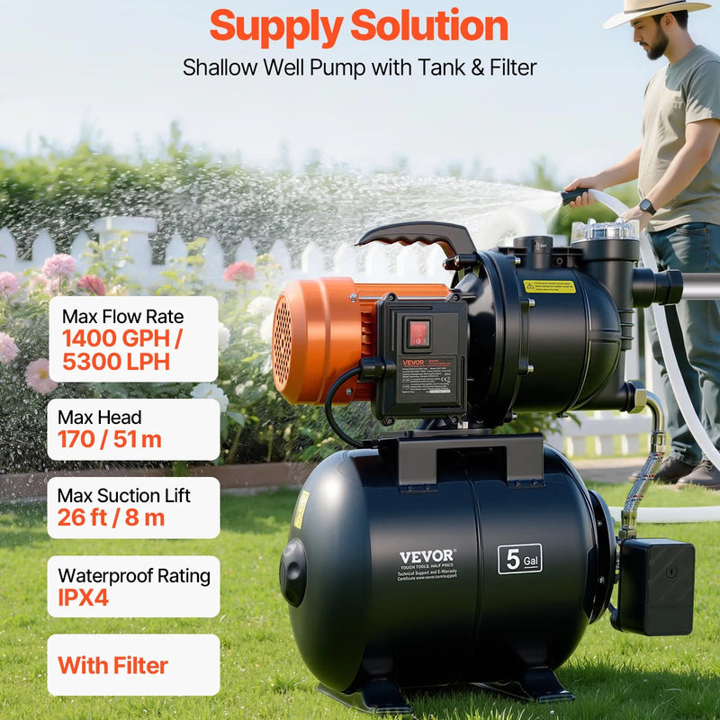 VEVOR virszemes ūdens sūknis ar spiedtvertni 1100 W, 5300 l/h, ar filtru un pretvārstu, 19 l tvertne, automātiska ūdens spiediena palielināšanas sistēma, spiediena slēdzis 1,4–2,8 bar, piemērots mājas, dārza un zāliena laistīšanai