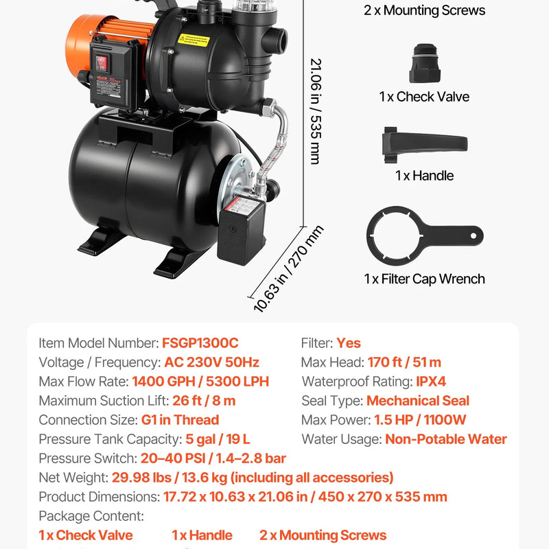 VEVOR virszemes ūdens sūknis ar spiedtvertni 1100 W, 5300 l/h, ar filtru un pretvārstu, 19 l tvertne, automātiska ūdens spiediena palielināšanas sistēma, spiediena slēdzis 1,4–2,8 bar, piemērots mājas, dārza un zāliena laistīšanai