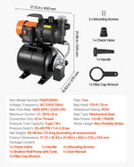 VEVOR Surface Water Pump with Pressure Tank, 1100 W, 5300 l/h, with filter and check valve, 19-liter tank, automatic water pressure boosting system, pressure switch 1.4–2.8 bar, suitable for home, garden, and lawn watering