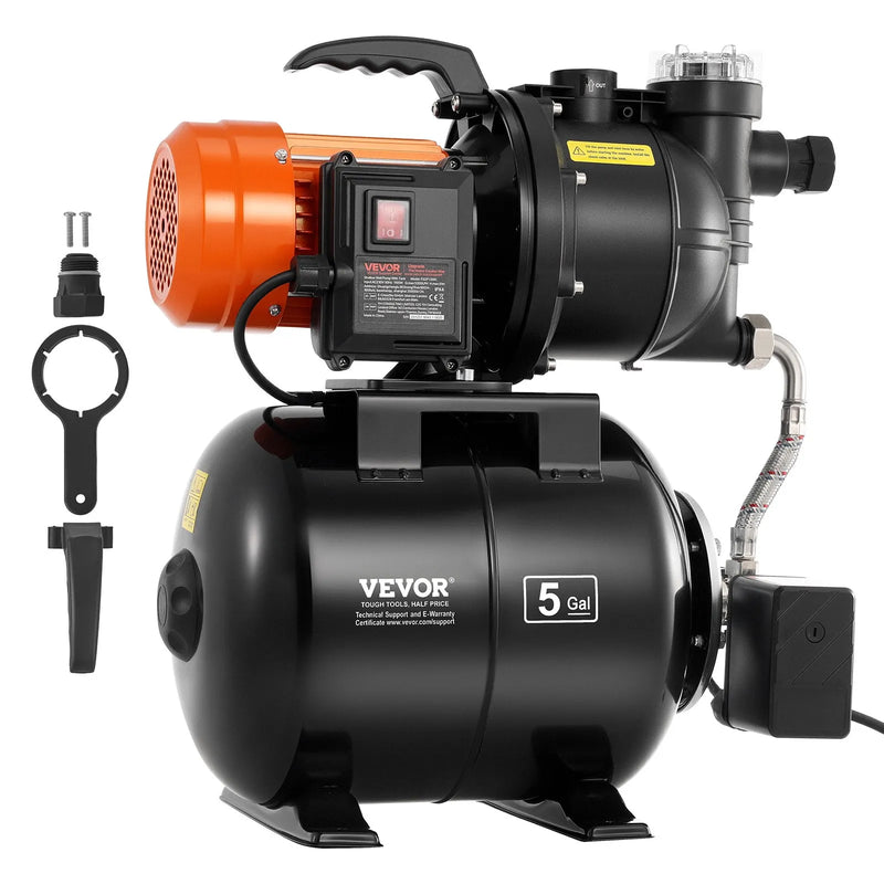 VEVOR virszemes ūdens sūknis ar spiedtvertni 1100 W, 5300 l/h, ar filtru un pretvārstu, 19 l tvertne, automātiska ūdens spiediena palielināšanas sistēma, spiediena slēdzis 1,4–2,8 bar, piemērots mājas, dārza un zāliena laistīšanai