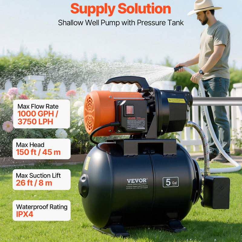 VEVOR virszemes ūdens sūknis ar spiedtvertni 1 ZS, 230 V, 3750 l/h, čuguna sūkņa korpuss, 19 l tvertne, spiediena slēdzis 1,4–2,8 bar, piemērots mājas, dārza un zāliena laistīšanai