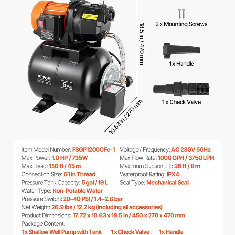 VEVOR virszemes ūdens sūknis ar spiedtvertni 1 ZS, 230 V, 3750 l/h, čuguna sūkņa korpuss, 19 l tvertne, spiediena slēdzis 1,4–2,8 bar, piemērots mājas, dārza un zāliena laistīšanai