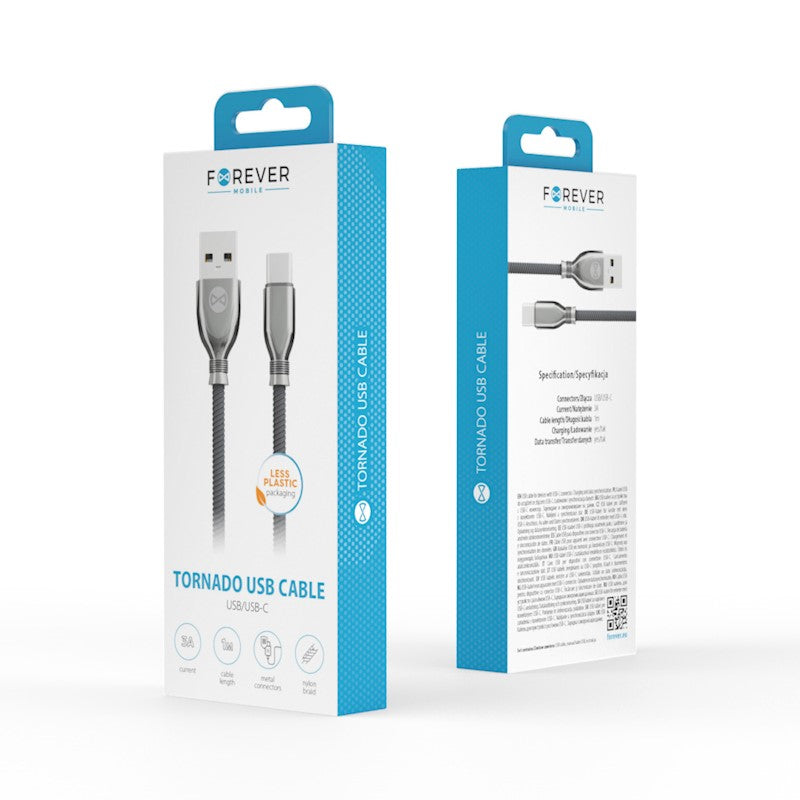 Forever Tornado kabel USB - USB-C 1,0 m 3A svart