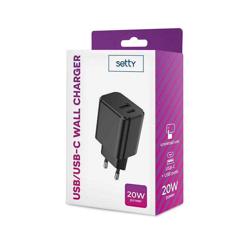 Setty laddare 1x USB + USB-C 3A 20W svart