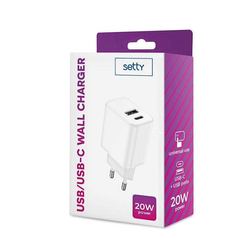 Setty laddare 1x USB + USB-C 3A 20W vit