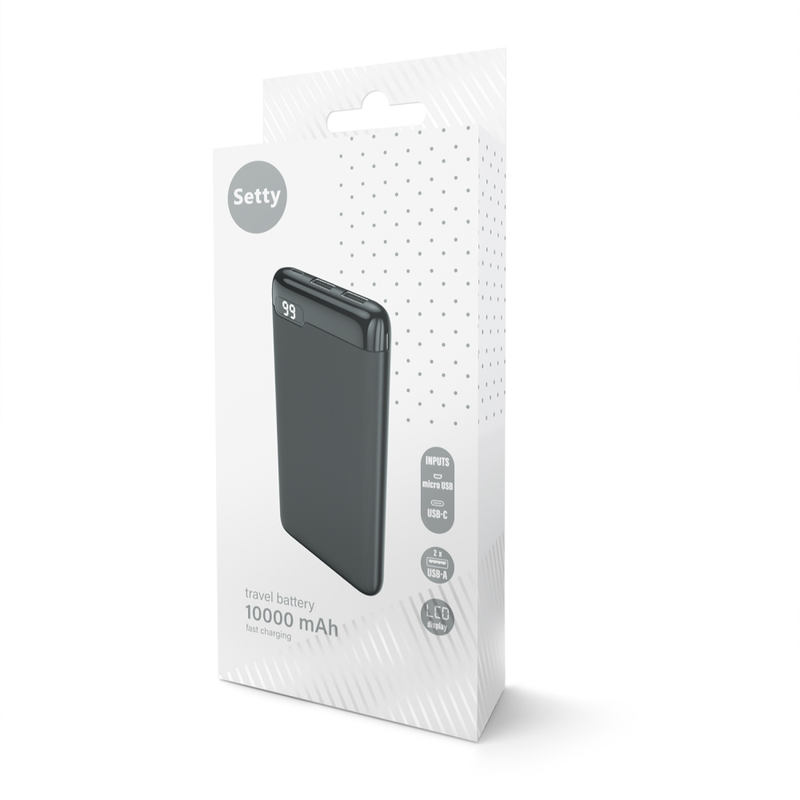 Setty 10000 mAh power banka ar LCD displeju melna universālai ierīču uzlādei