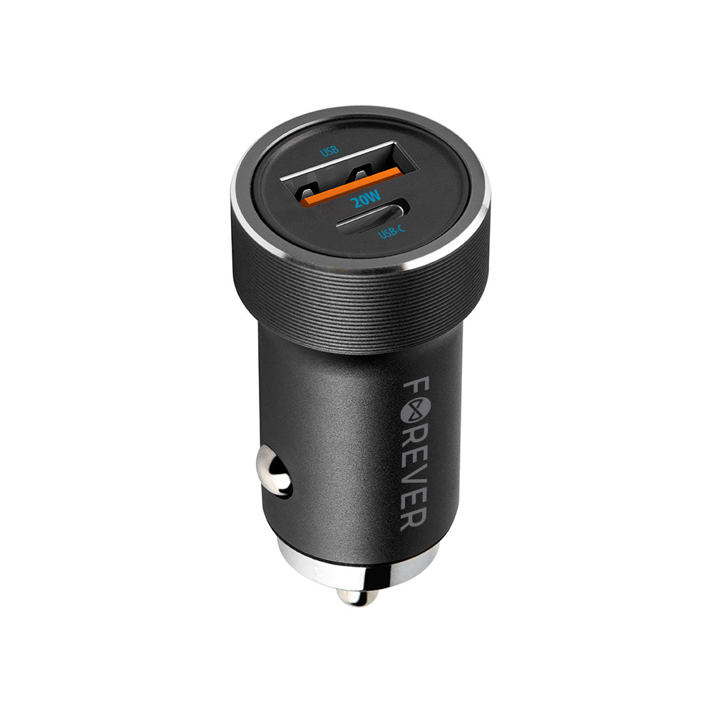 Forever CC-06 auto lādētājs, 20W, USB-C+USB-A, PD/QC, melns