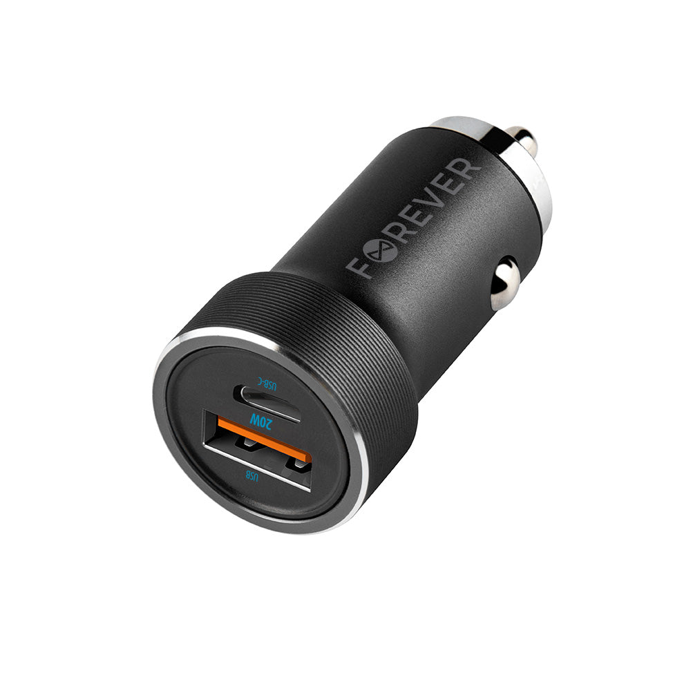 Forever CC-06 auto lādētājs, 20W, USB-C+USB-A, PD/QC, melns