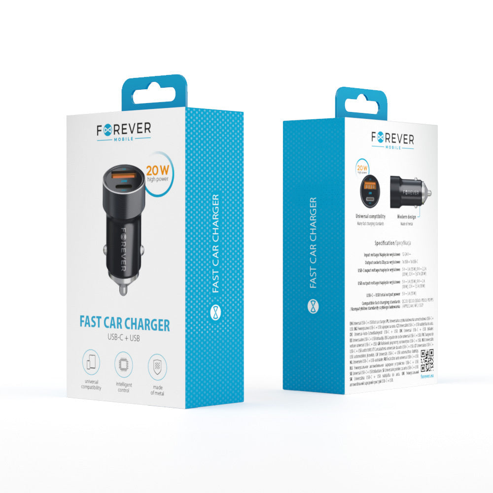 Forever CC-06 auto lādētājs, 20W, USB-C+USB-A, PD/QC, melns