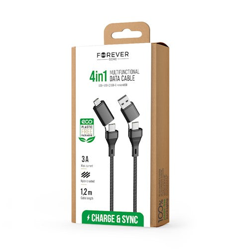Forever CORE 4in1 kabelis USB + USB-C - USB-C + microUSB 1,2 m 3A melns