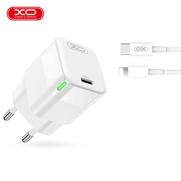 XO sienas lādētājs CE06 PD 30W 1x USB-C balts + USB-C - Lightning kabelis