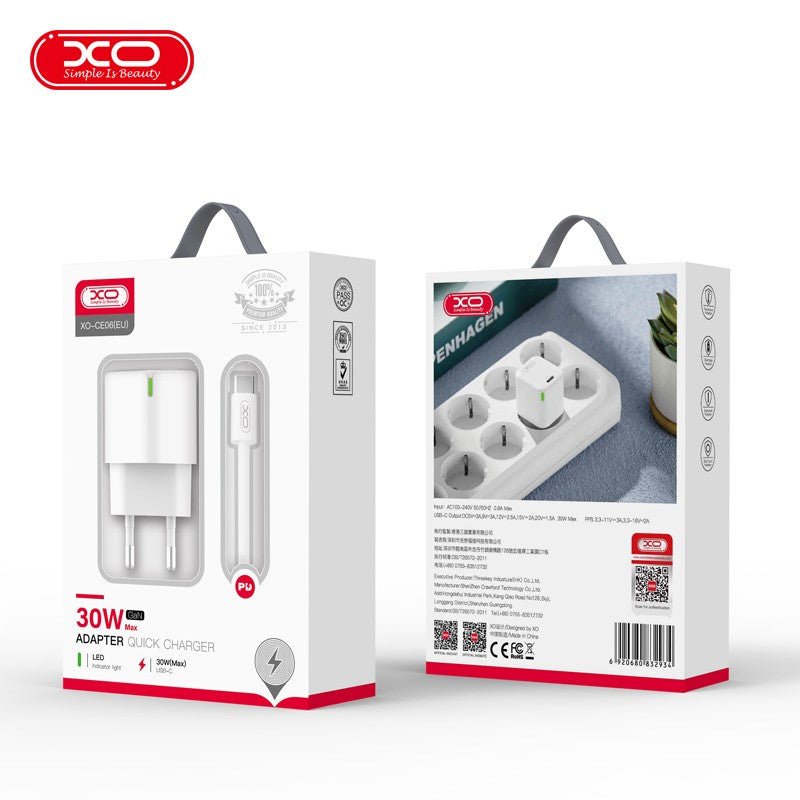 XO sienas lādētājs CE06 PD 30W 1x USB-C balts + USB-C - Lightning kabelis