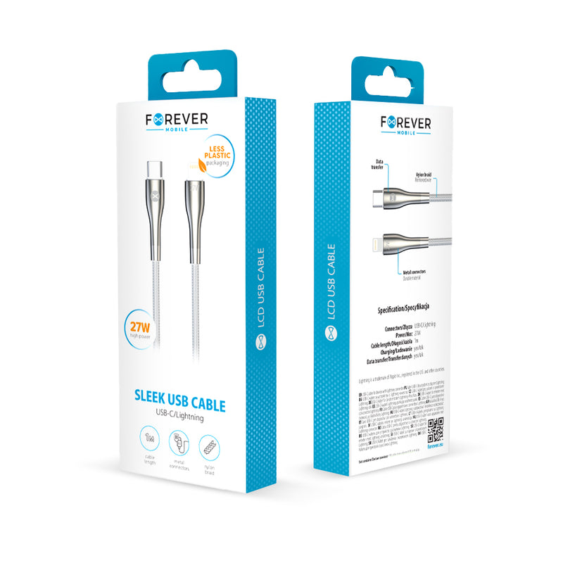 Forever Sleek USB-C–Lightning kabelis, 1 m, 27 W, balts